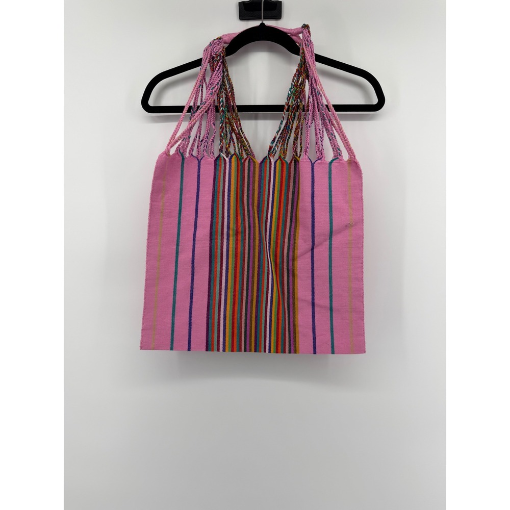 Handmade Woven Pink Multi Color Striped Tote Bag Braided Handles Boho Market Bag